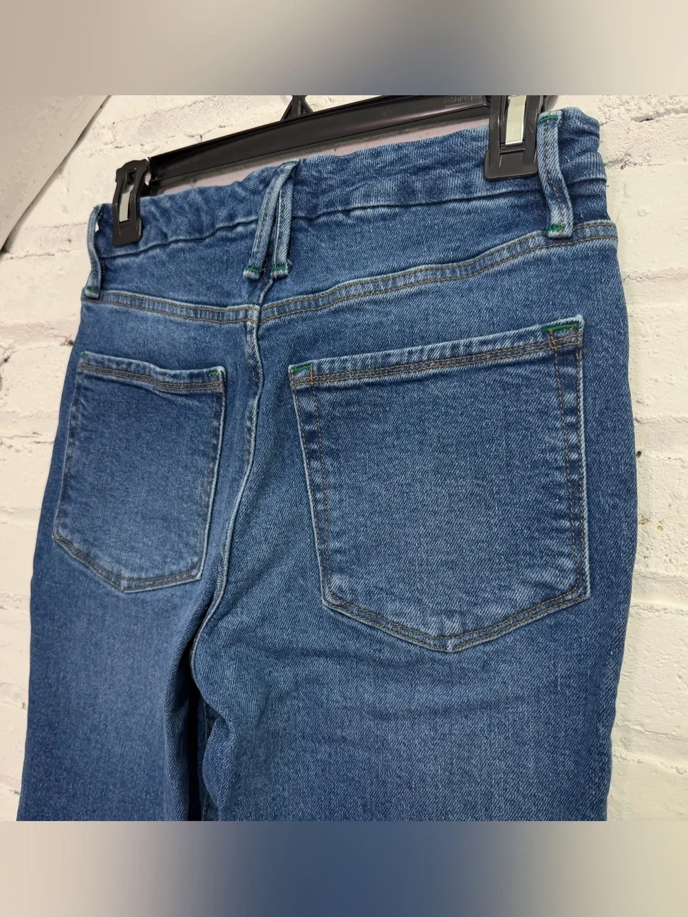 Good American Good Legs Flare Jeans Dark Wash Raw Hem Recycled Cotton Size 6/28